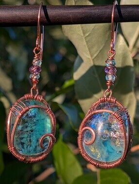 Mermaid Goddess Earrings - Artisan Dichroic Glass with Natural Gems in Copper